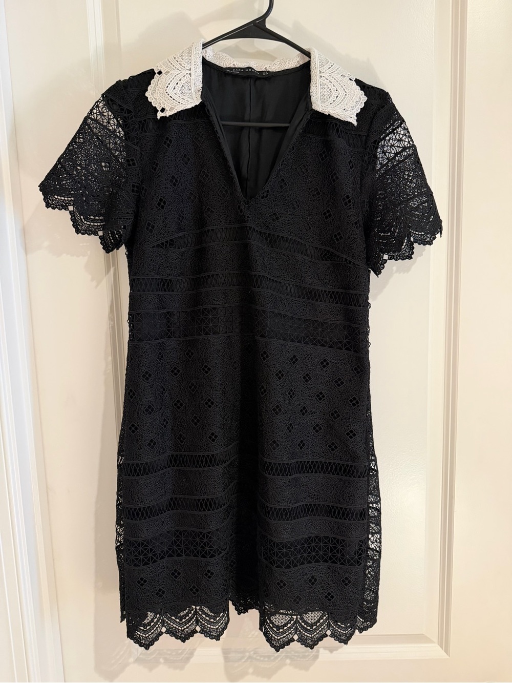 Zara Black Lace Dress with White Crochet Collar